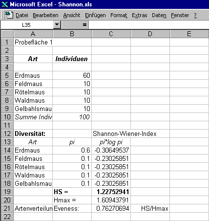 berechneter Shannon-Wiener-Index in einer Excel-Tabelle
